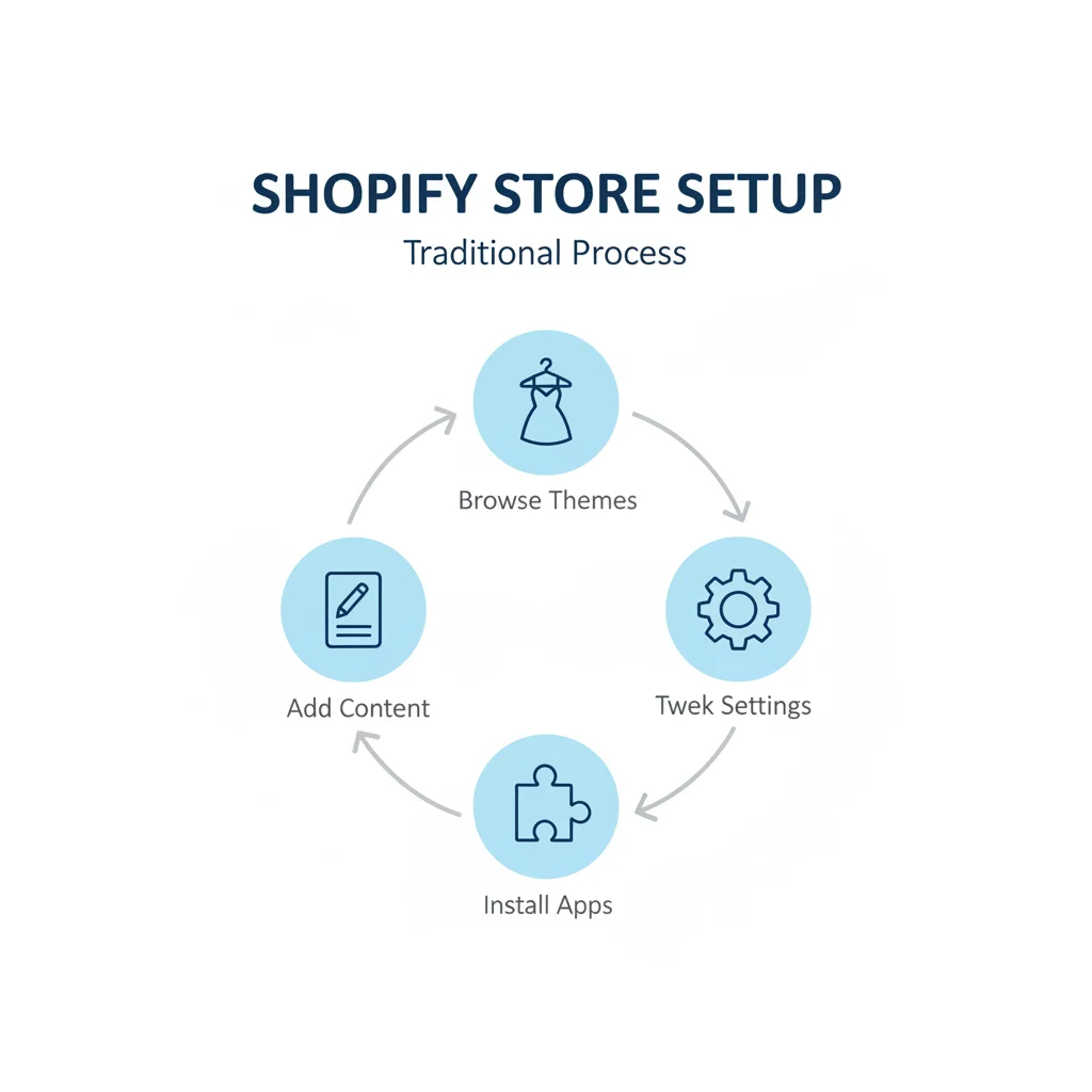 Infographic showing the typical Shopify template customization process: browse, tweak, add apps.