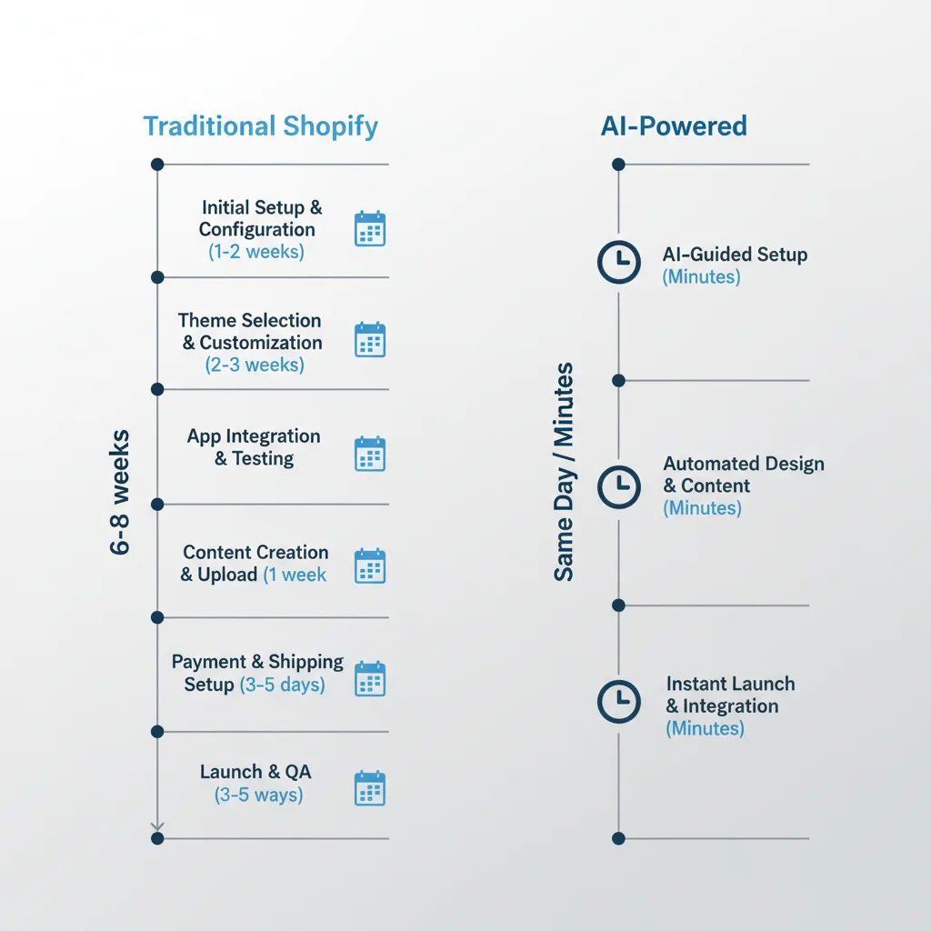 Infographic comparing the setup timelines for traditional Shopify vs. AI-powered store builders.