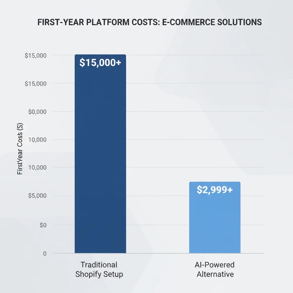 Bar chart comparing first-year costs for traditional Shopify vs. AI-powered alternatives.