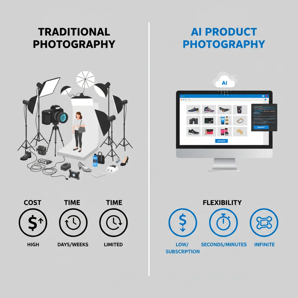 Comparison of traditional product photography vs. AI generation, highlighting speed and cost benefits.