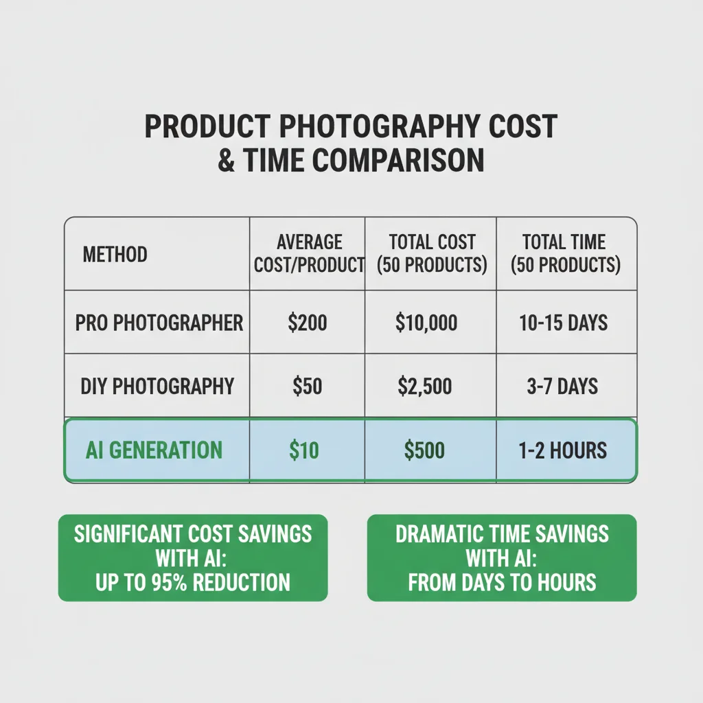 Table comparing costs of professional, DIY, and AI product photography for 50 products.